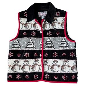 VTG Collared Snowman‎ Vest Women Medium Tapestry Velvet Holiday Christmas Tree